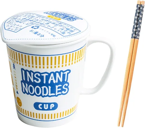 Cuenco de fideos instantáneos de cerámica con tapa, taza creativa para sopa de ramen, cuenco para almuerzo para estudiantes (color azul, tamaño: S)