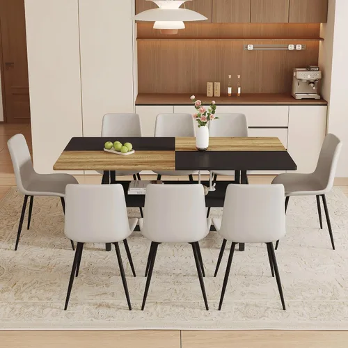 Miniatura 17 de Juego de mesa de comedor de 71 pulgadas para 6 personas con estante de almacenamiento, juego de mesa de comedor rectangular industrial moderna