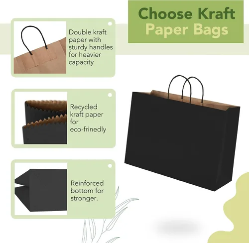 Miniatura 4 de MESHA Bolsas de regalo grandes de 16 x 6 x 12 pulgadas, 50 unidades, bolsas de papel negro con asas a granel, bolsas de compras de papel kraft