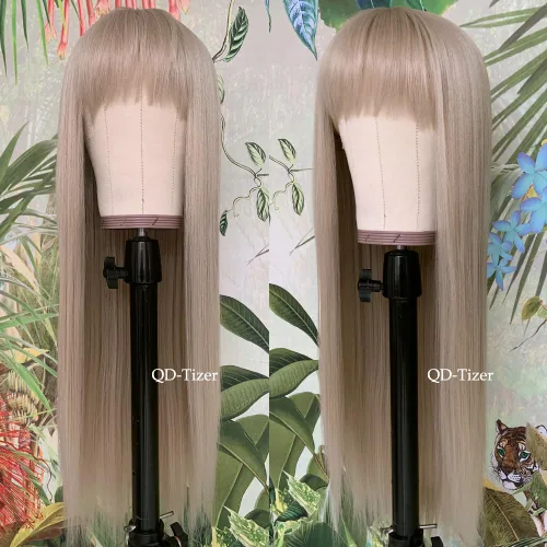Miniatura 4 de QD-Tizer Pelucas sintéticas de color rubio ceniza con flequillo, pelucas de cabello largo y lacio, sin pegamento, pelucas sintéticas sin encaje