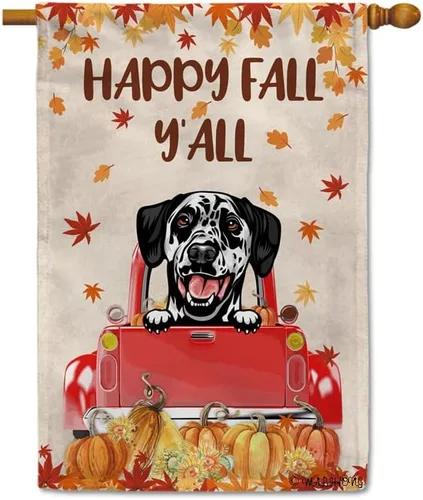 Miniatura 23 de Bandera con texto en inglés «Happy Fall Y'all» con diseño de perro inteligente con calabaza en camión rojo y hojas de arce, pancarta de otoño