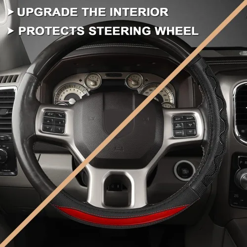 Miniatura 6 de GIANT PANDA Funda de volante para Dodge Ram 1500 - Fundas para volante de automóvil para Dodge Ram 2500 3500 15.5-16 pulgadas - Rojo B-negro+rojo