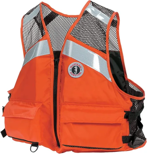 MUSTANG SURVIVAL - Chaleco de malla industrial con cinta reflectante Solas (naranja - 5XL) - Aprobado por USCG, bolsillos delanteros grandes,
