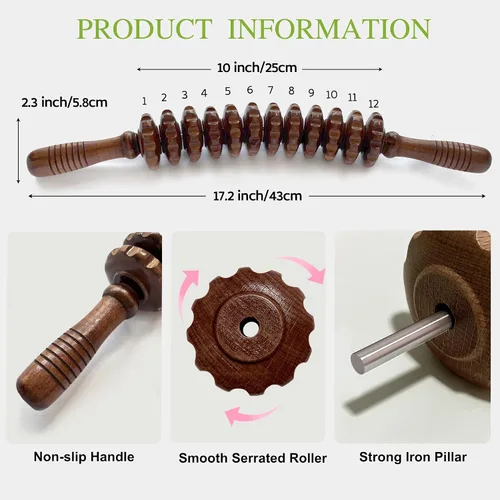 Miniatura 2 de Palo de Masaje Manual Curvo de Madera con 12 Rodillos - Herramienta de Terapia de Madera para Puntos de Desencadenamiento, Reducción de Fascia y 12