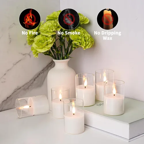 Miniatura 3 de VIODAIM Paquete de 6 velas votivas de cristal parpadeantes sin llama con control remoto, velas votivas de cera real de 2 x 3 pulgadas, funcionan