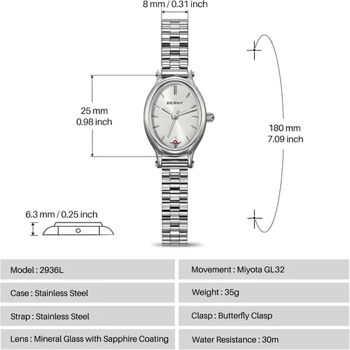 Miniatura 6 de BERNY Relojes de plata para mujer, delicado reloj de pulsera para mujer, reloj de pulsera pequeño impermeable 3ATM, reloj de cuarzo analógico