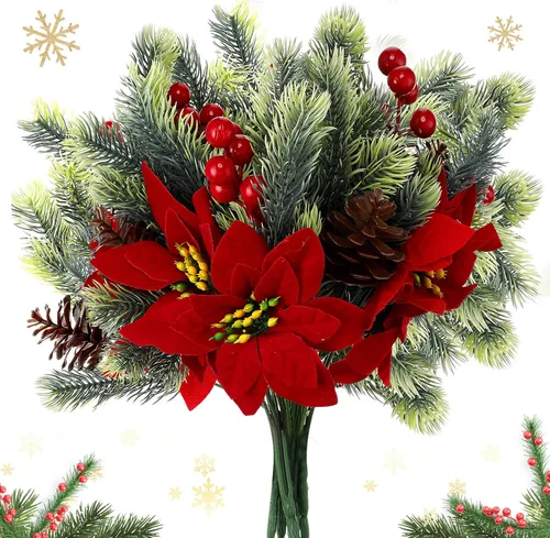 Ramo de flores de Pascua artificiales de terciopelo rojo de 13.4 pulgadas, para exteriores, con cono de pino, bayas rojas, agujas de pino, plantas