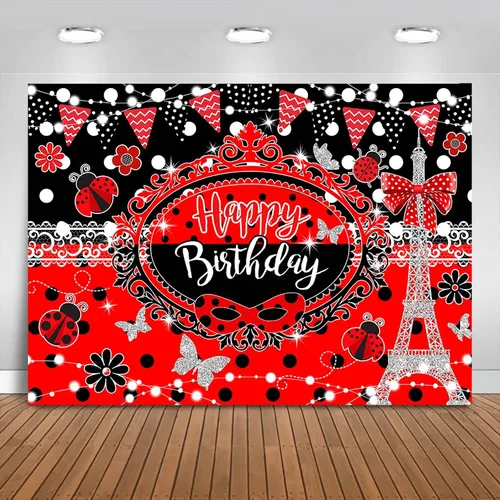 Telón de fondo de cumpleaños de 7 x 5 pies, torre Eiffel, mariposa, rojo y negro, decoración de fiesta de feliz cumpleaños para niña, luces con
