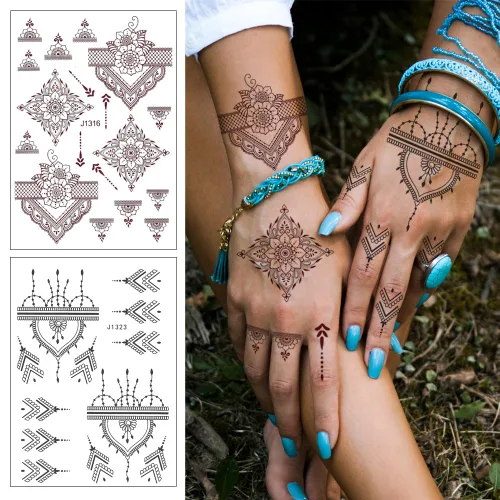 Miniatura 2 de 10 hojas de calcomanías temporales de henna de henna 5P negro + 5P marrón, calcomanías de tatuaje para mujeres, calcomanías de arte corporal para 5