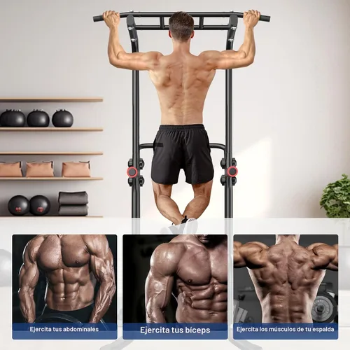 Miniatura 7 de BangTong&Li - Torre de ejercicio, barra de dominadas, estación de fondos, soporte para el gimnasio en casa, equipo de entrenamiento de fuerza Negro