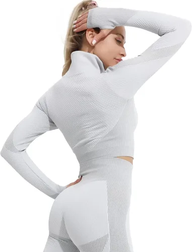 Miniatura 4 de Conjunto deportivo de 3 piezas para mujer, sin costuras, de manga corta, brasier deportivo, cintura alta, pantalones cortos de yoga, Gris-01