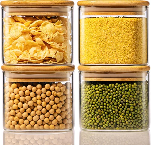Paquete de 4 tarros cuadrados de vidrio de 21 onzas con tapas de bambú, recipientes de almacenamiento de alimentos de vidrio con tapas herméticas,