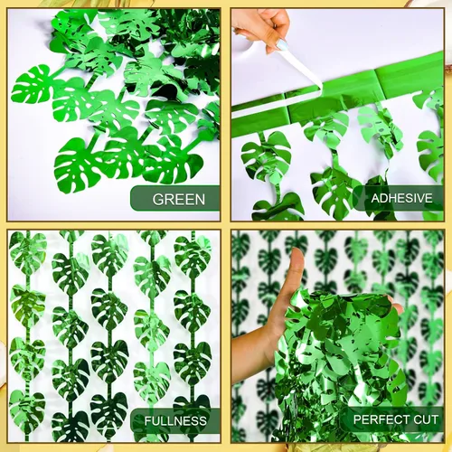 Miniatura 9 de Decoraciones tropicales para fiestas, paquete de 2 unidades de 3.3 x 6.6 pies, hojas de palmera tropicales verdes, cortina de flecos de hojas