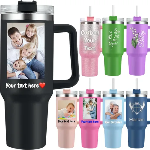 Vaso personalizado con foto con asa y nombres, imagen personalizada, texto de 40 onzas, tazas de viaje de acero inoxidable con aislamiento