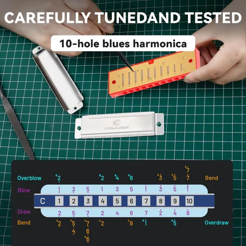 Miniatura 6 de CONJURER Armónica de Blues para Principiantes Adultos de 10 Agujeros Armónica Diatónica en Clave de Do, Lengüeta de Latón Órgano de Boca de Metal