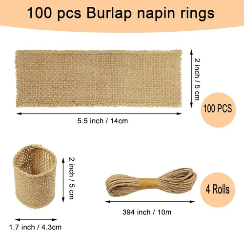 Miniatura 2 de Juego de 100 servilleteros de arpillera natural con cuerda de yute, servilletas desechables a granel, anillo rústico para mesas, decoraciones