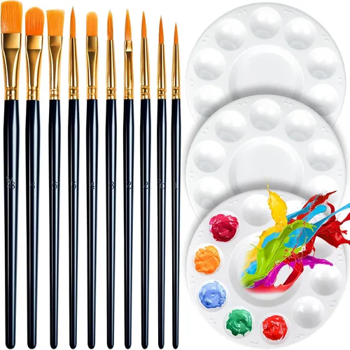 FANDAMEI Juego de paletas redondas de pintura y pinceles de pintura, 3 paletas de pintura de plástico, 10 pinceles de pintura acrílica, pinceles de