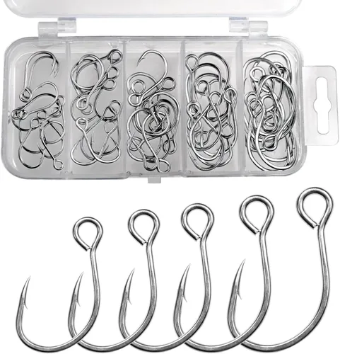 Miniatura 8 de THKFISH 50 unids/100 piezas de caja en línea ganchos individuales de repuesto para señuelos cebos en línea ganchos circulares ojo grande con púas