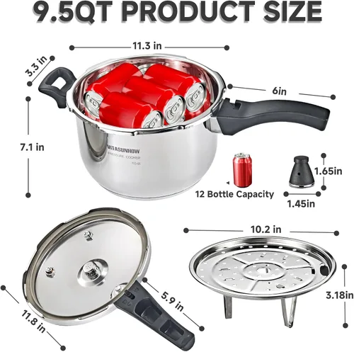 Miniatura 7 de Olla a presión de acero inoxidable con cesta de vapor, cocción más rápida y liberación de presión de seguridad (9 litros)