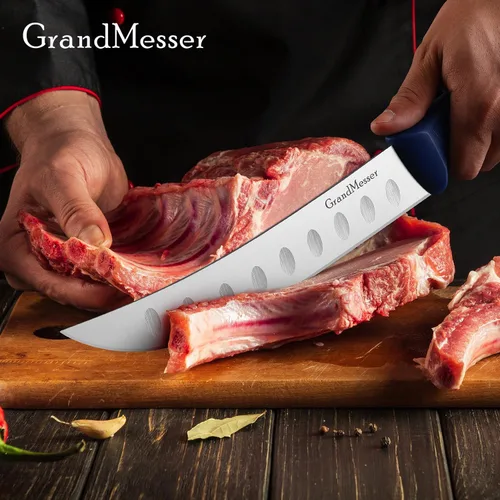 Miniatura 6 de Cuchillo de carnicero para cortar carne, cuchillo curvo con mango cómodo de 9 pulgadas, hoja de acero inoxidable alemán de alto carbono, cuchillo