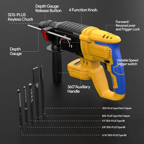 Miniatura 6 de SDS - Martillo giratorio inalámbrico compatible con batería Dewalt de 20 V, sin escobillas, taladro giratorio SDS para hormigón, mampostería