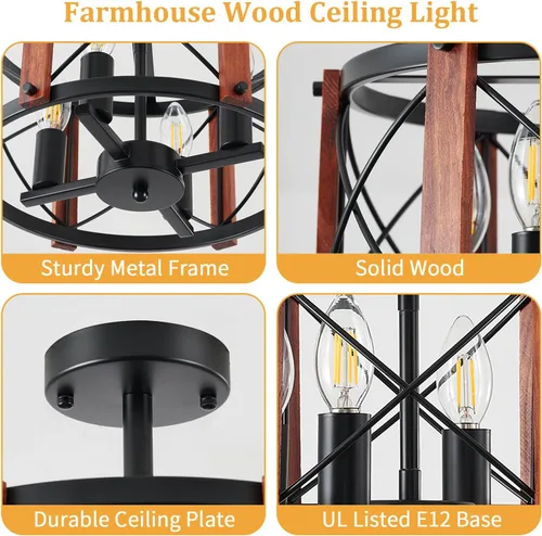 Miniatura 4 de Lámpara de techo semiempotrada rústica de 4 luces, 12.57 pulgadas, moderna, para entrada, pasillo, lámpara de cocina con tambor de madera de roble