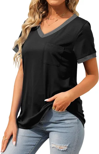 Miniatura 3 de Geifa Camisetas de manga corta con cuello en V para mujer, sueltas, casuales, de verano, con bolsillo