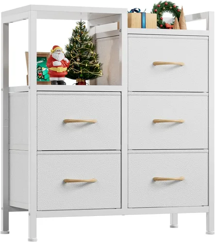 Furnulem Cómoda blanca de 5 cajones para dormitorio, estante de 2 niveles, cómoda de tela pequeña para armario, marco de metal resistente, gabinetes