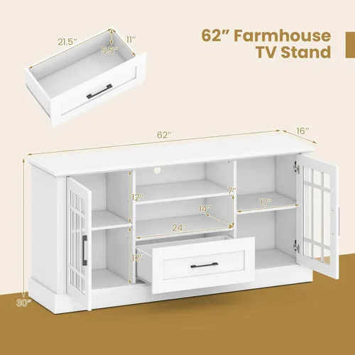 Miniatura 4 de LOKO Armario de TV de 62 pulgadas, mesa consola multimedia con 2 armarios y cajones de puerta de cristal, para televisores de hasta 70 pulgadas