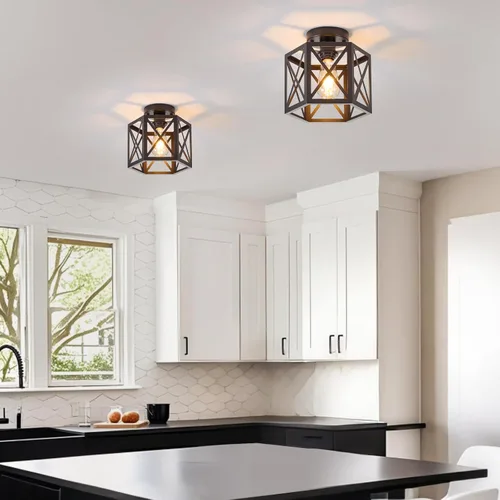 Miniatura 2 de XSDeTu Paquete de 2 Luces de Techo Semiempotradas Estilo Granja, Accesorio de Luz Industrial Negra para Pasillo, Pequeña Jaula de Metal Pegada al