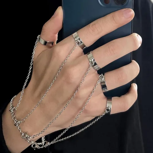 Miniatura 2 de Long tiantian Pulsera de cadena para dedo, pulsera punk con borla de cadena en capas con anillo de dedo, garras de dedo, brazalete de brazo, joyería