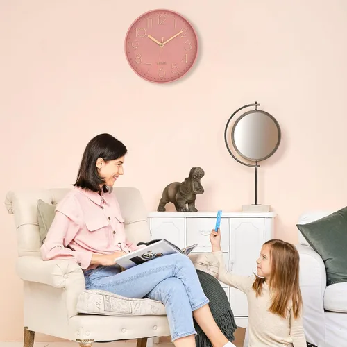 Miniatura 7 de Lumuasky Reloj de pared rosa, moderno, funciona con pilas, analógico, pequeño, lindo, silencioso, sin tictac, reloj decorativo para escuela