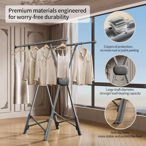 Miniatura 5 de BIREN Estante de secado de ropa resistente, estante plegable para ropa sucia, dos modos de secado, estantes para secar ropa, longitud ajustable