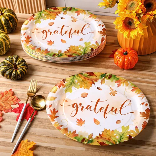 Miniatura 3 de Tioncy 100 Piezas Platos Ovalados Desechables de Papel de 10'' x 12'' de Acción de Gracias Platos Ovalados Grandes de Hojas de Otoño Vajilla
