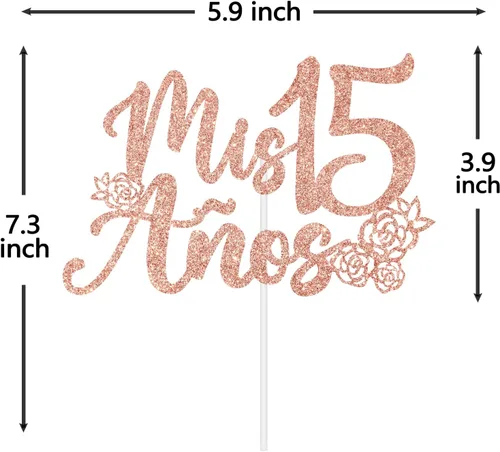 Miniatura 6 de Decoración para tartas Mis 15 años con purpurina de oro rosa, feliz 15 años, feliz 15 años, decoración de fiesta de cumpleaños con temática