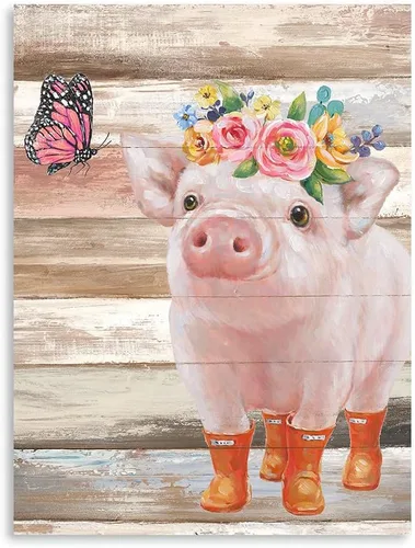 Miniatura 2 de Divertidas imágenes de cerdito y cerdo mariposa rosa, arte de pared, decoración de pared de granja, lienzo de animales de granja, mural