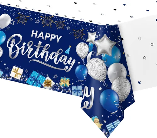 Miniatura 11 de DUAIAI Decoraciones de feliz cumpleaños, 3 manteles de cumpleaños azul marino y dorado para niños, niñas, hombres y mujeres, funda de mesa