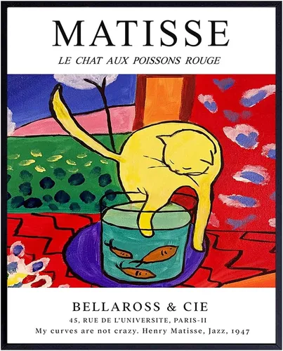 Matisse - Póster decorativo de pared de gato, decoración moderna de mediados de siglo de 8 x 10 pulgadas, arte minimalista para pared, arte