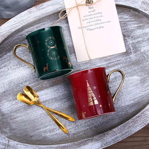 Miniatura 7 de Juego de tazas de café navideñas con mango dorado, cuchara, tapa, elegante taza de agua decorativa de cerámica para mujeres y niñas, taza