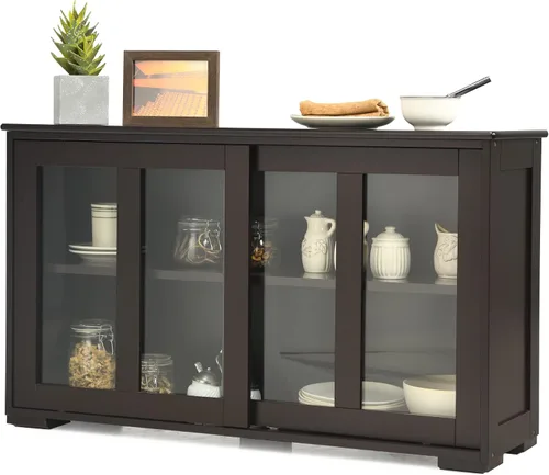 Miniatura 10 de LOKO Armario apilable para bufé, armario de almacenamiento de cocina con puertas corredizas de vidrio templado, pequeño aparador para cocina, Negro