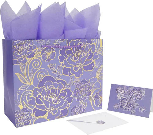 Qirrmiy - Set de bolsa de regalo grande de 13" en color rosa púrpura con tarjeta de felicitación y papel de seda para mujeres o niñas para celebrar