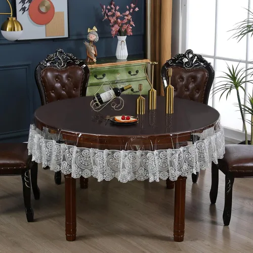 Miniatura 12 de Mantel rectangular de plástico transparente de vinilo impermeable, borde de encaje bordado, mantel transparente para comedor, cocina al aire libre