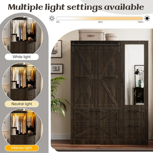 Miniatura 3 de PAKASEPT Armario Armario con puerta corrediza plegable de granero, Armario para dormitorio con espejo y luces LED, barra para colgar, Armario