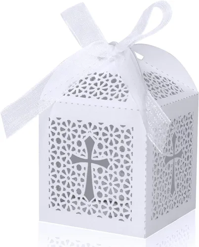 Miniatura 8 de KPOSIYA Paquete de 70 cajas de regalo de bautismo, cajas de dulces cortadas con láser con cintas, cajas de regalo pequeñas para baby shower, Dorado