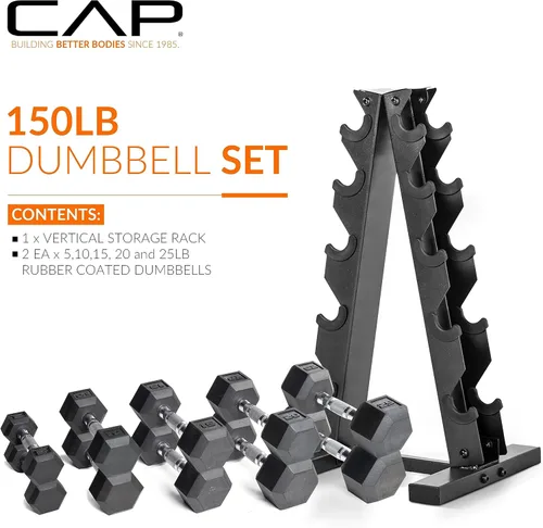 Miniatura 11 de CAP Barbell Juego de mancuernas hexagonales recubiertas de 150 libras con estante vertical Múltiples opciones Estante azul
