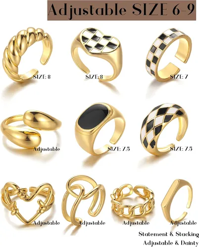 Miniatura 8 de FAXHION Juego de 10 anillos gruesos de oro de 18 quilates para mujeres y niñas, anillos trenzados chapados en oro, apilables, anillos midi, anillos