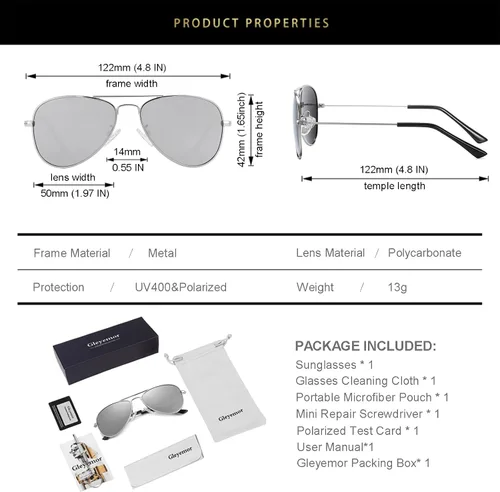 Miniatura 105 de Gleyemor Lentes de sol polarizados estilo aviador para niños y niñas, jóvenes, adolescentes, dos tamaños de 1.969 in y 2.047 in