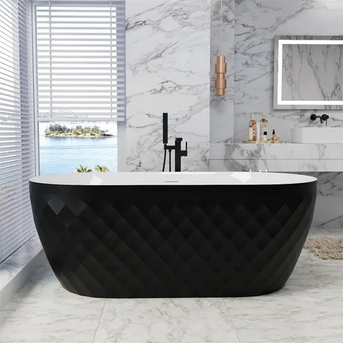 Miniatura 12 de Bañera independiente de resina de superficie sólida de 59 pulgadas, forma ovalada, moderna bañera de resina de piedra profunda con desbordamiento