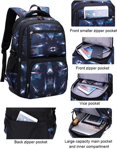 Miniatura 5 de JiaYou Mochila de galaxia con patrón espacial para niños, primaria, junior, escuela secundaria, mochila para computadora portátil, azul azul