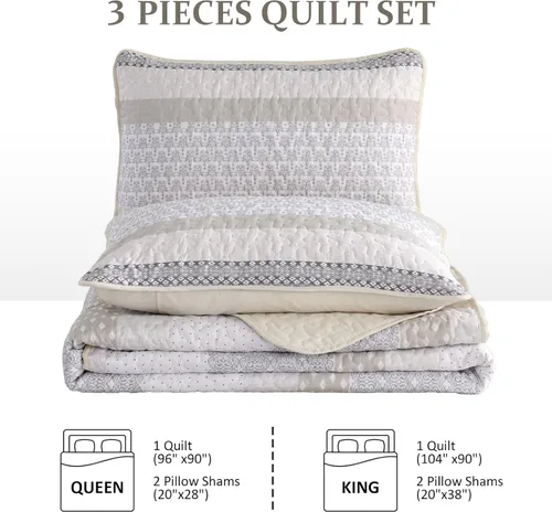 Miniatura 8 de WONGS BEDDING Juego de edredón beige tamaño individual, juego de edredón de rayas bohemias de 3 piezas, juego de colcha acolchada de microfibra